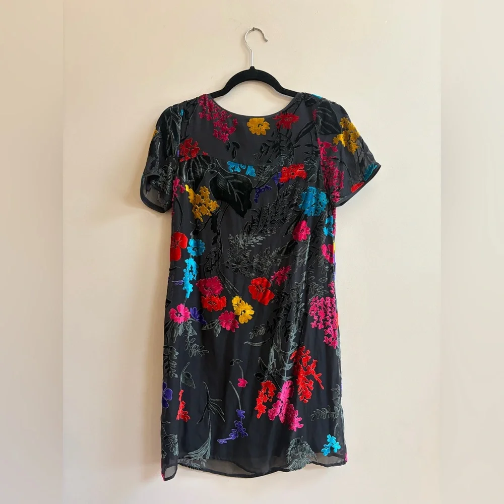 Anthropologie Maeve Alisa Burnout Velvet Tee Dress, Short Black Multicolor Dress
